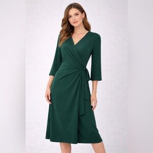 Grace Karin Green Wrap Dress Size M Midi Elegant 3/4 Sleeve